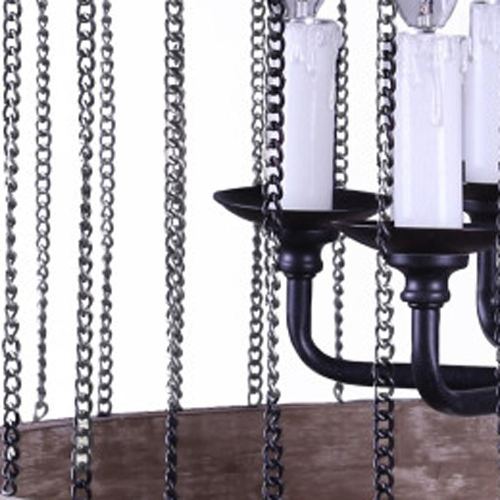 Black and Natural Wood and Metal Cylinder Six Light Dimmable Chandelier