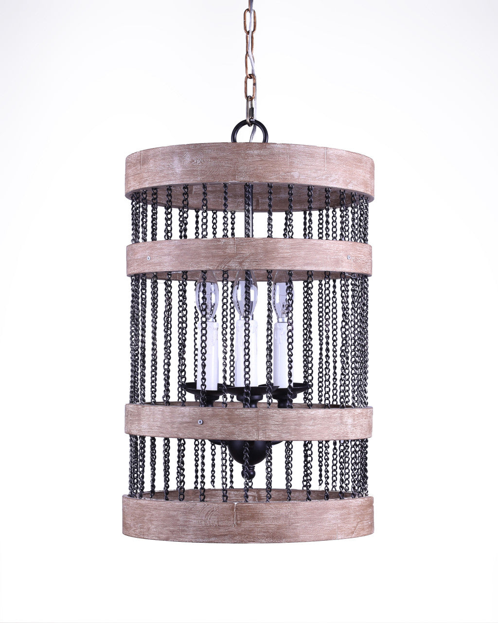 Black and Natural Wood and Metal Cylinder Three Light Dimmable Chandelier