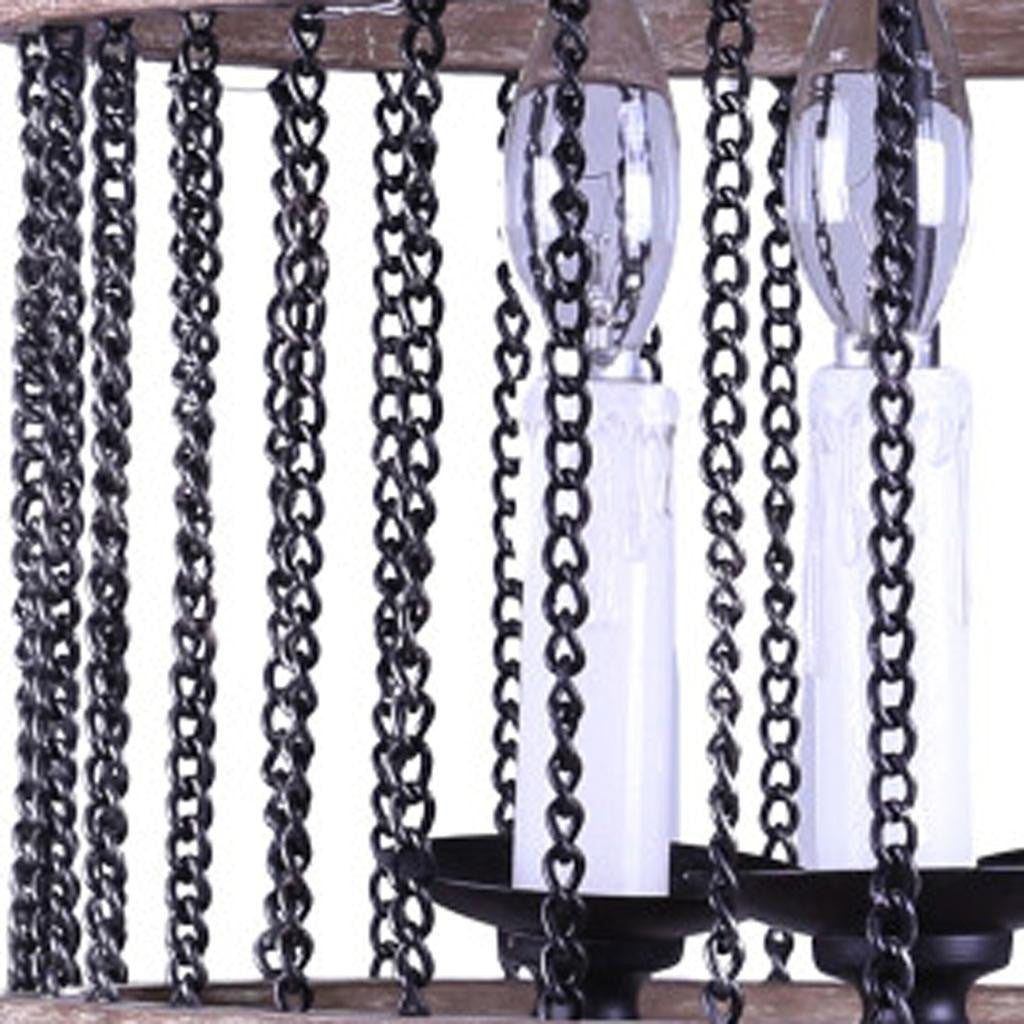 Black and Natural Wood and Metal Cylinder Three Light Dimmable Chandelier