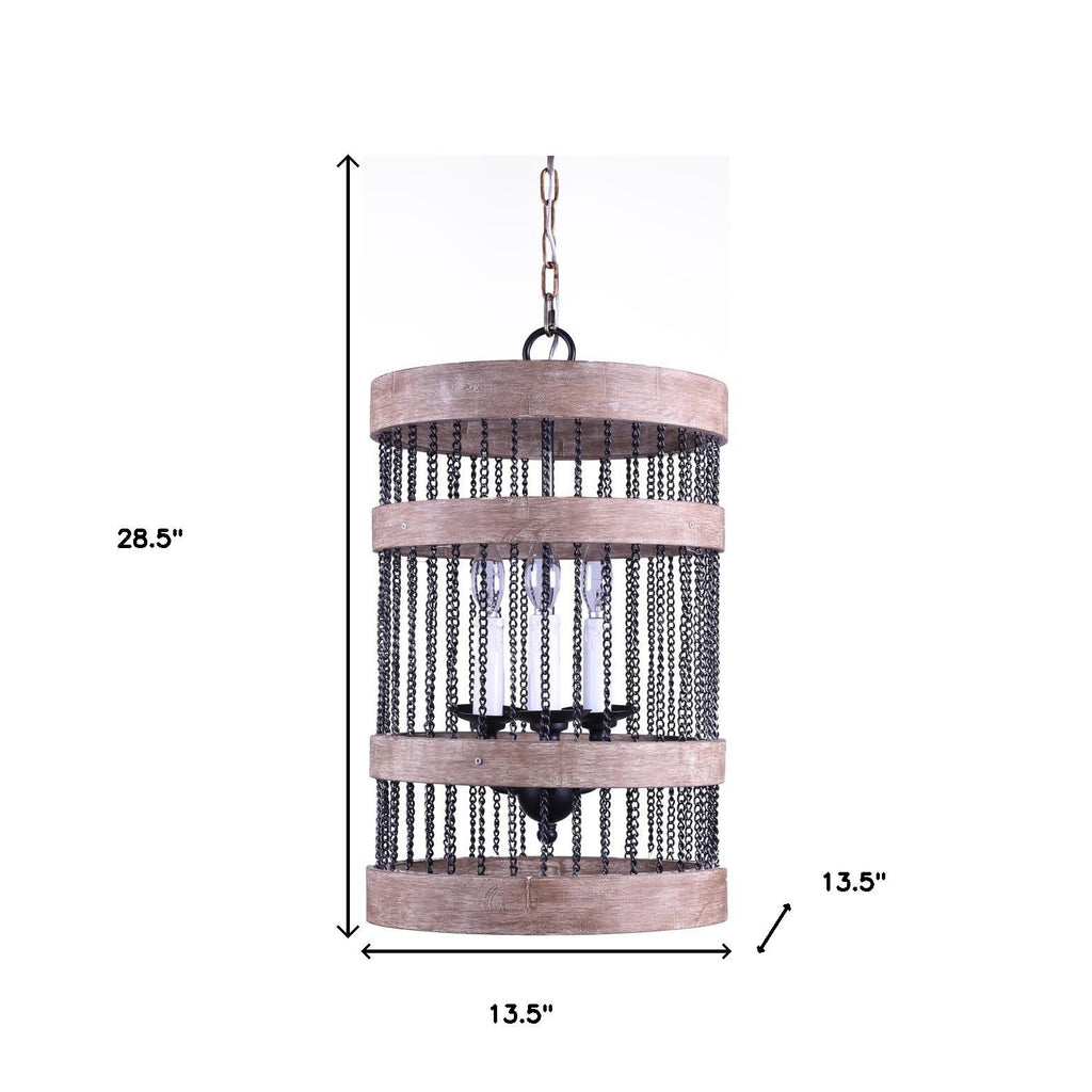 Black and Natural Wood and Metal Cylinder Three Light Dimmable Chandelier