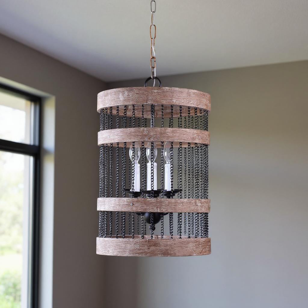 Black and Natural Wood and Metal Cylinder Three Light Dimmable Chandelier