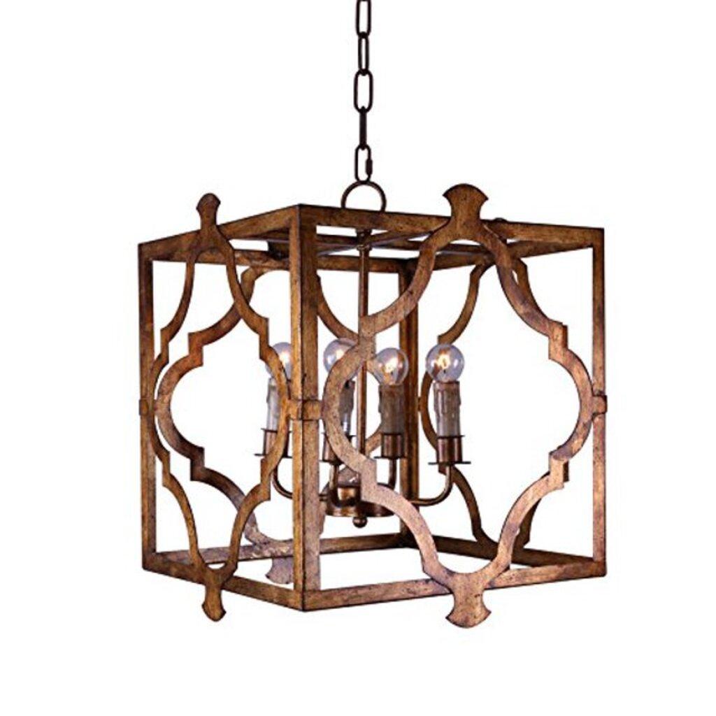 Antiqued Bronze Square and Quatrefoil Metal Dimmable Chandelier
