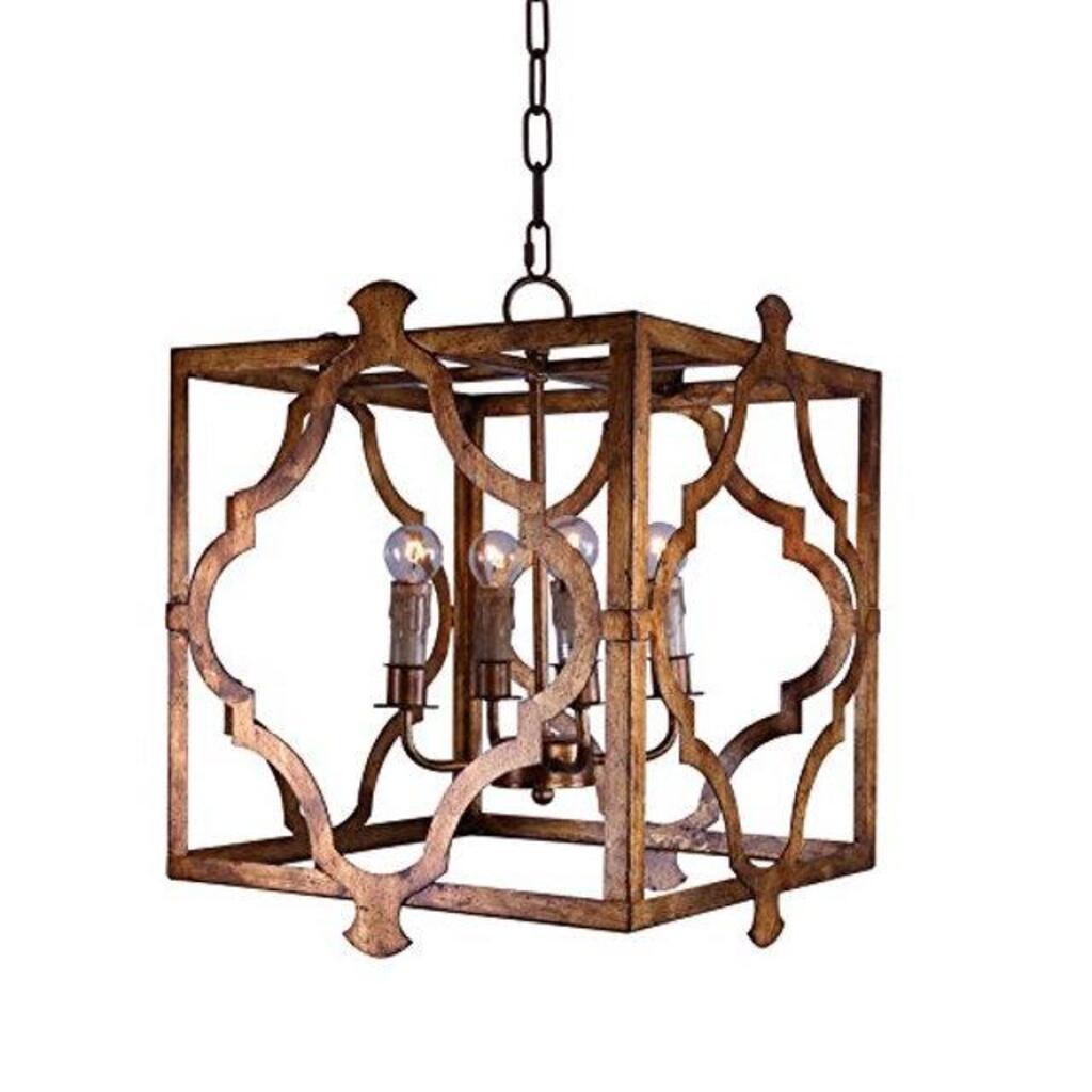 Antiqued Bronze Square and Quatrefoil Metal Dimmable Chandelier