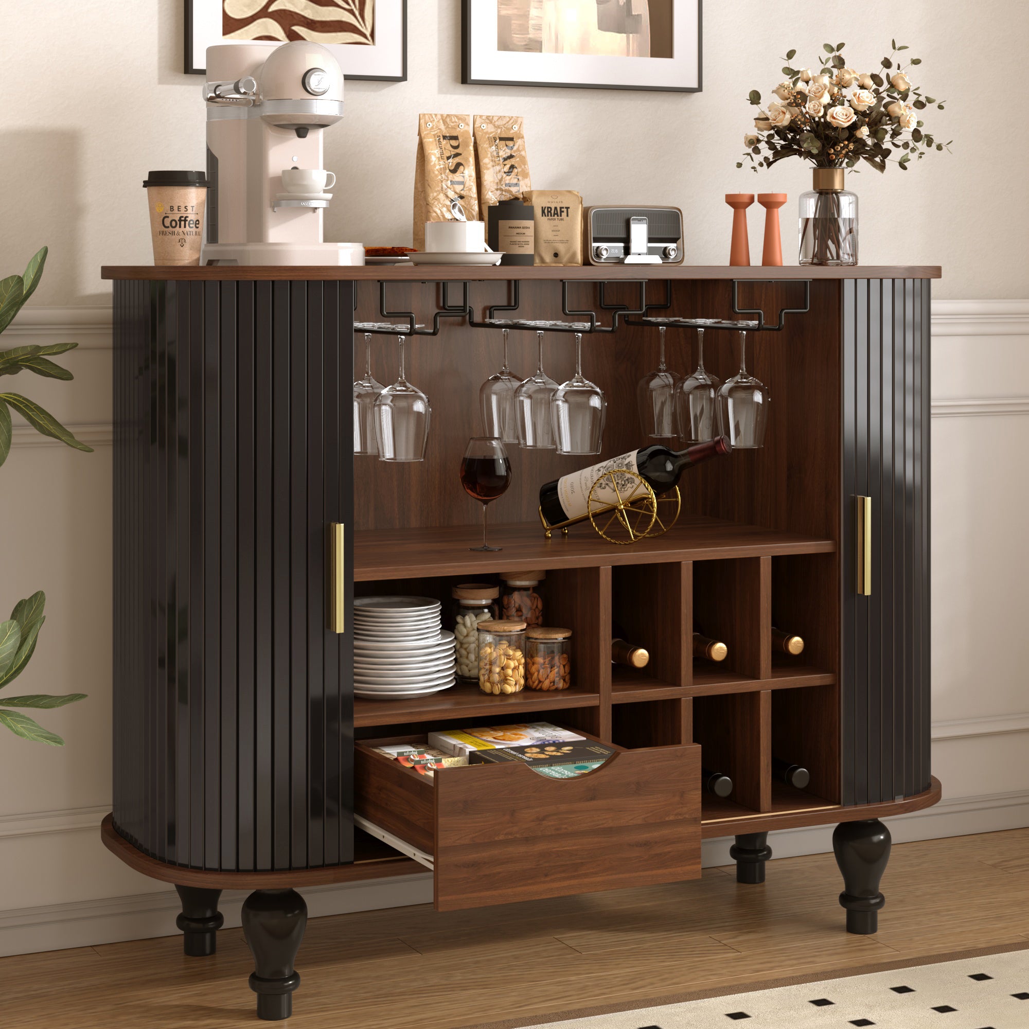 Fluted Liquor Bar Cabinet with Wine Racks & Drawer, 39", Black