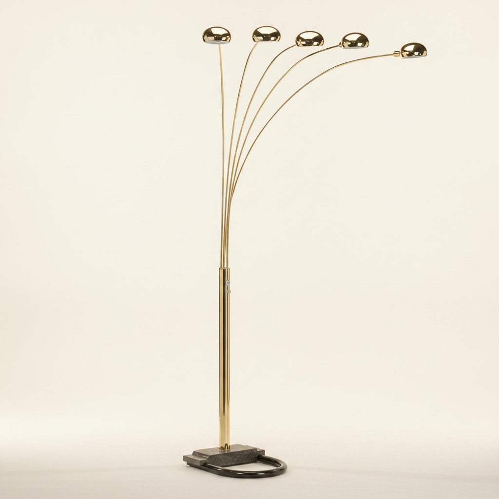 84" Brass Five Light Arc Floor Lamp With Brass Metal Dome Shade - hero