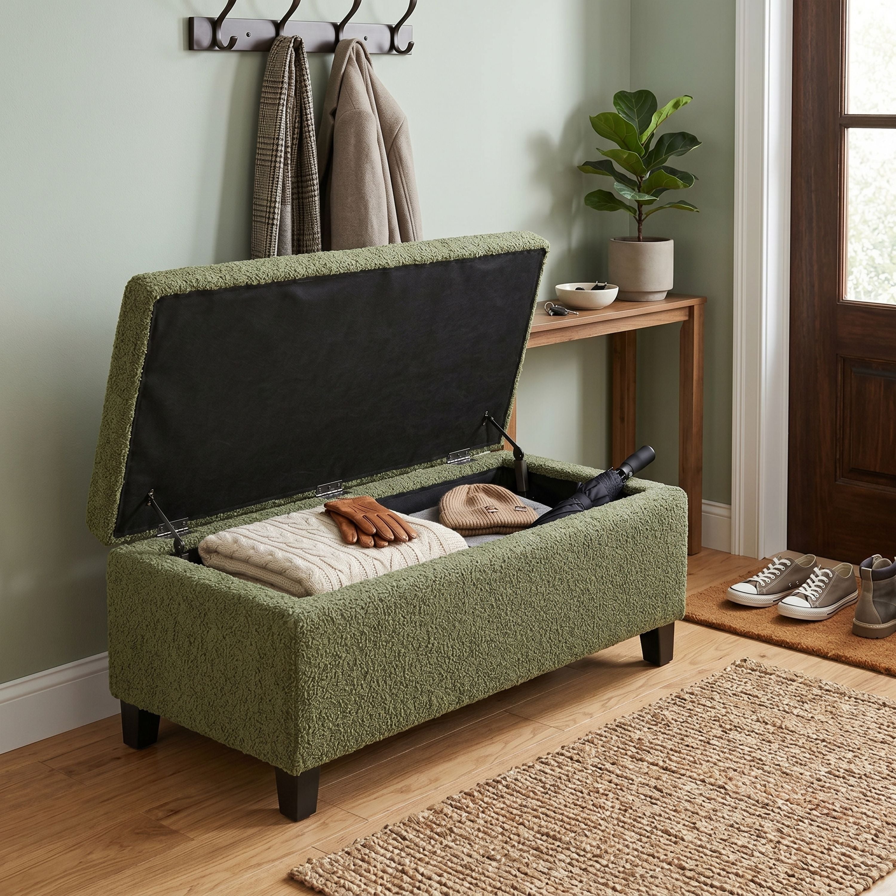 Flip-Top Storage Ottoman, Boucle with Wood Legs, Retro Green