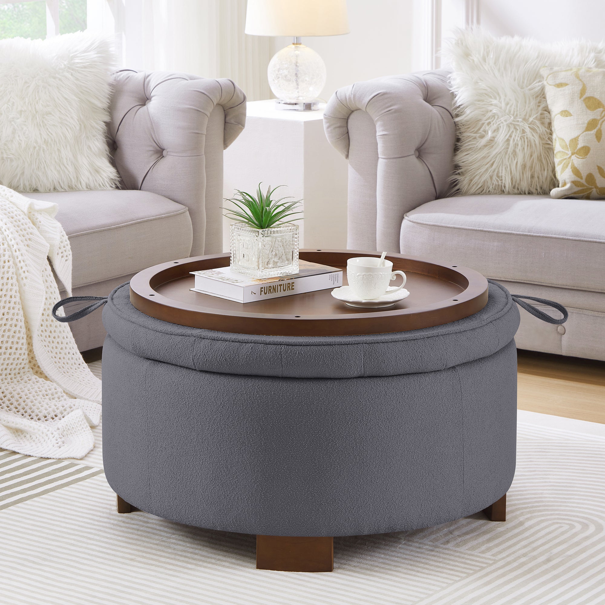 Round Storage Ottoman with Reversible Lid, Boucle, Dark Gray