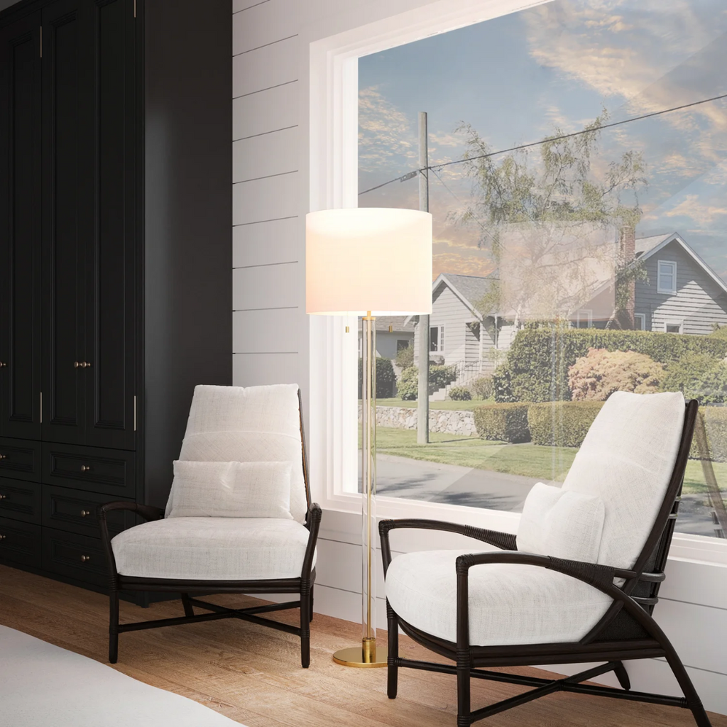 Laurel Floor Lamp with Glass Cylinder, Polished Nickel