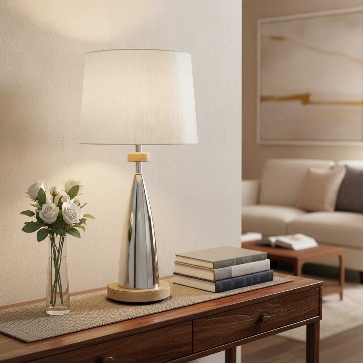 31" Brown Metal Geometric USB Table Lamp With White Empire Shade - L1