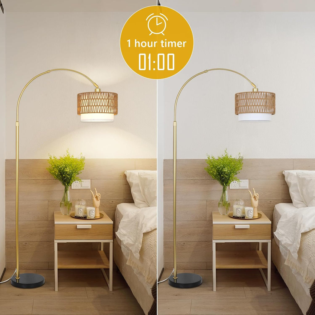 Gold Arc Floor Lamp, Rattan & Linen Shades
