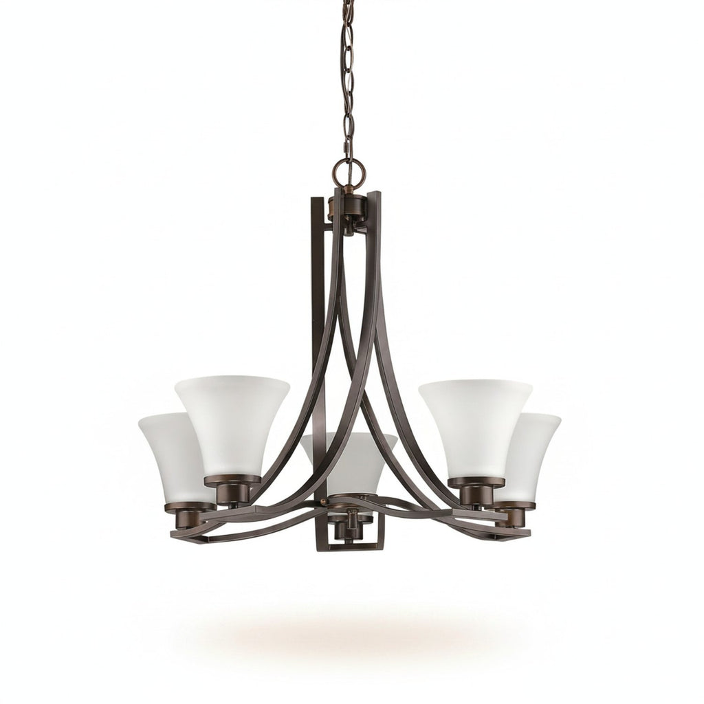 Bronze Candle Style Five Light Frosted Metal Dimmable Chandelier With White Shades - hero