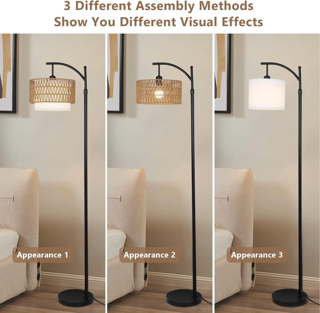 Boho Arc Floor Lamp, Rattan & Fabric Shades