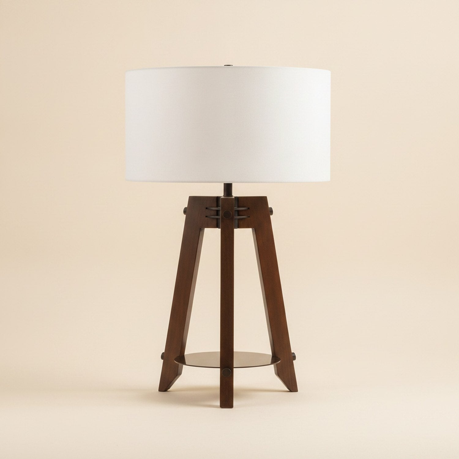 32" Brown Metal Tripod Table Lamp With Off White Drum Shade - hero