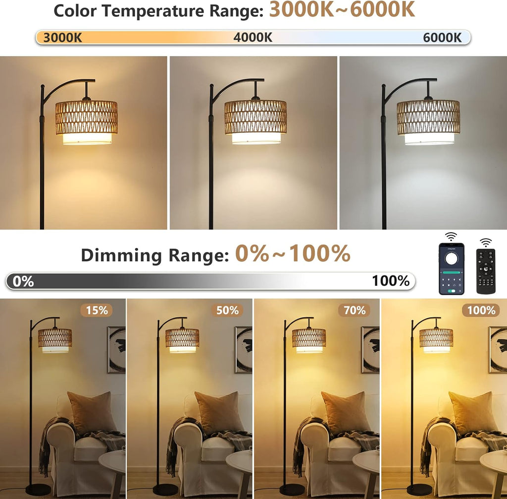 Boho Arc Floor Lamp, Rattan & Fabric Shades