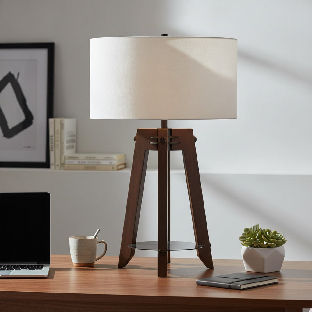 32" Brown Metal Tripod Table Lamp With Off White Drum Shade - L3