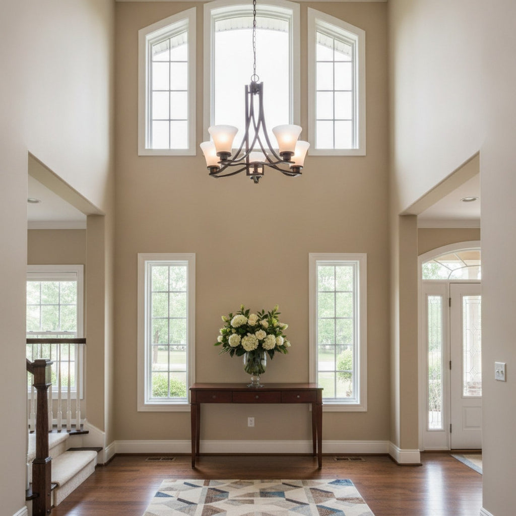 Bronze Candle Style Five Light Frosted Metal Dimmable Chandelier With White Shades - L2