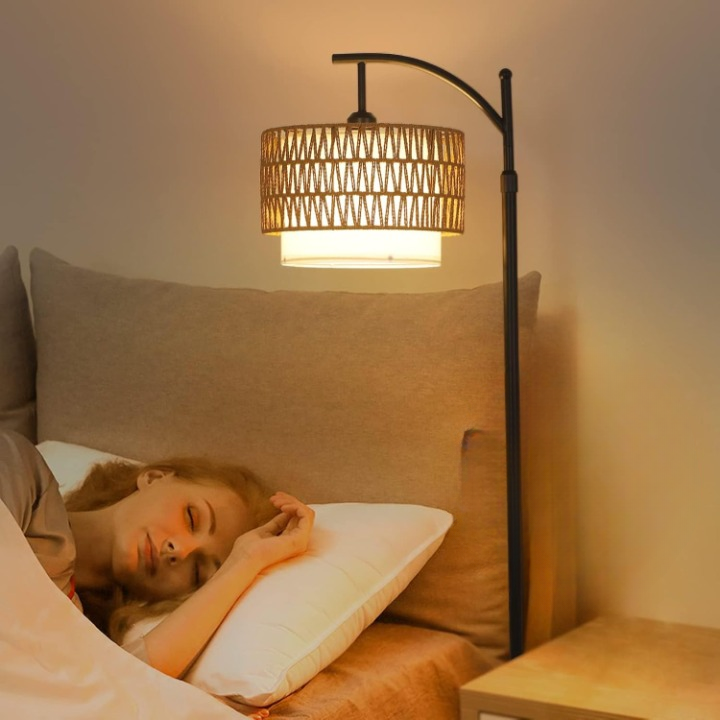 Arc Floor Lamp with Remote and Double Lampshades