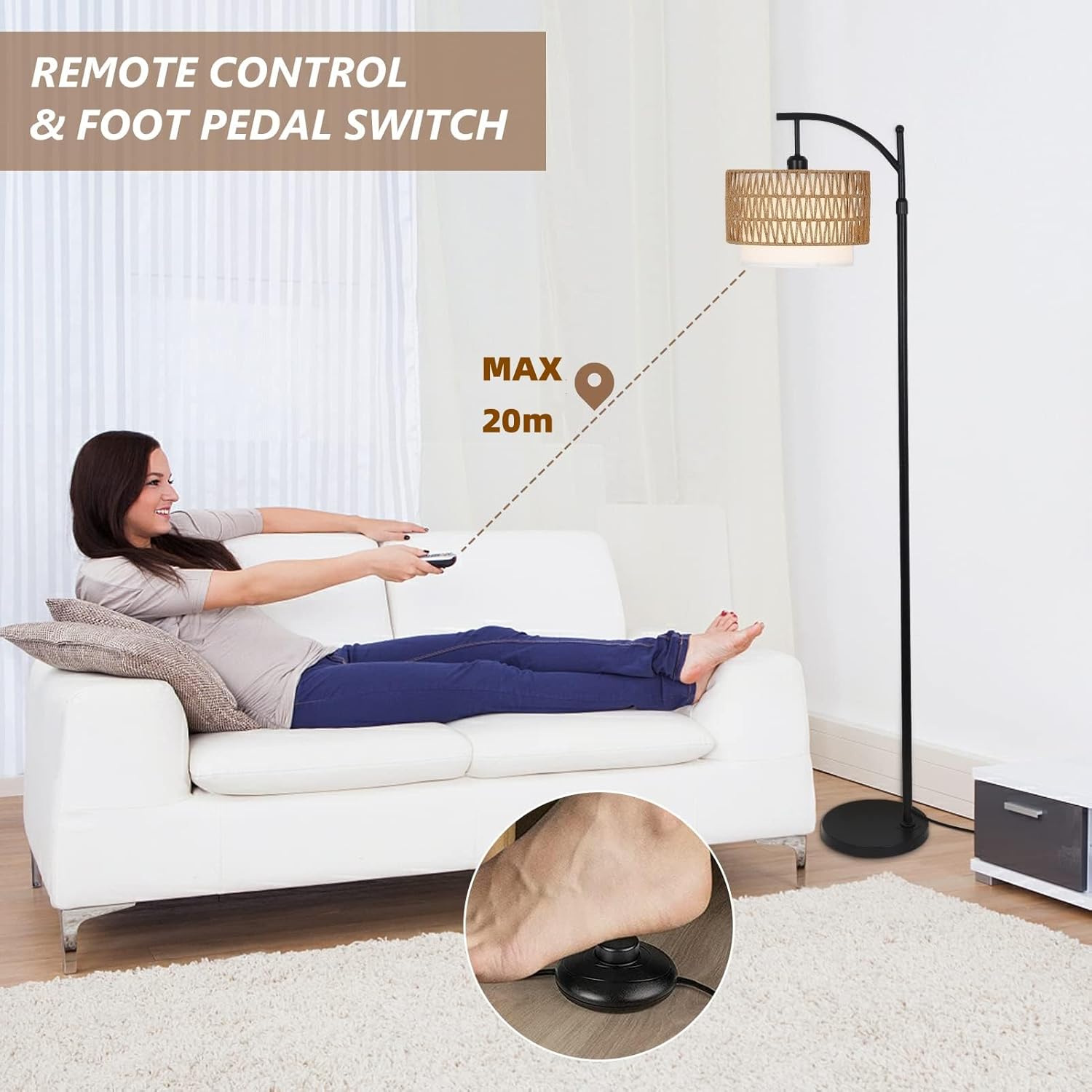 Arc Floor Lamp with Remote and Double Lampshades