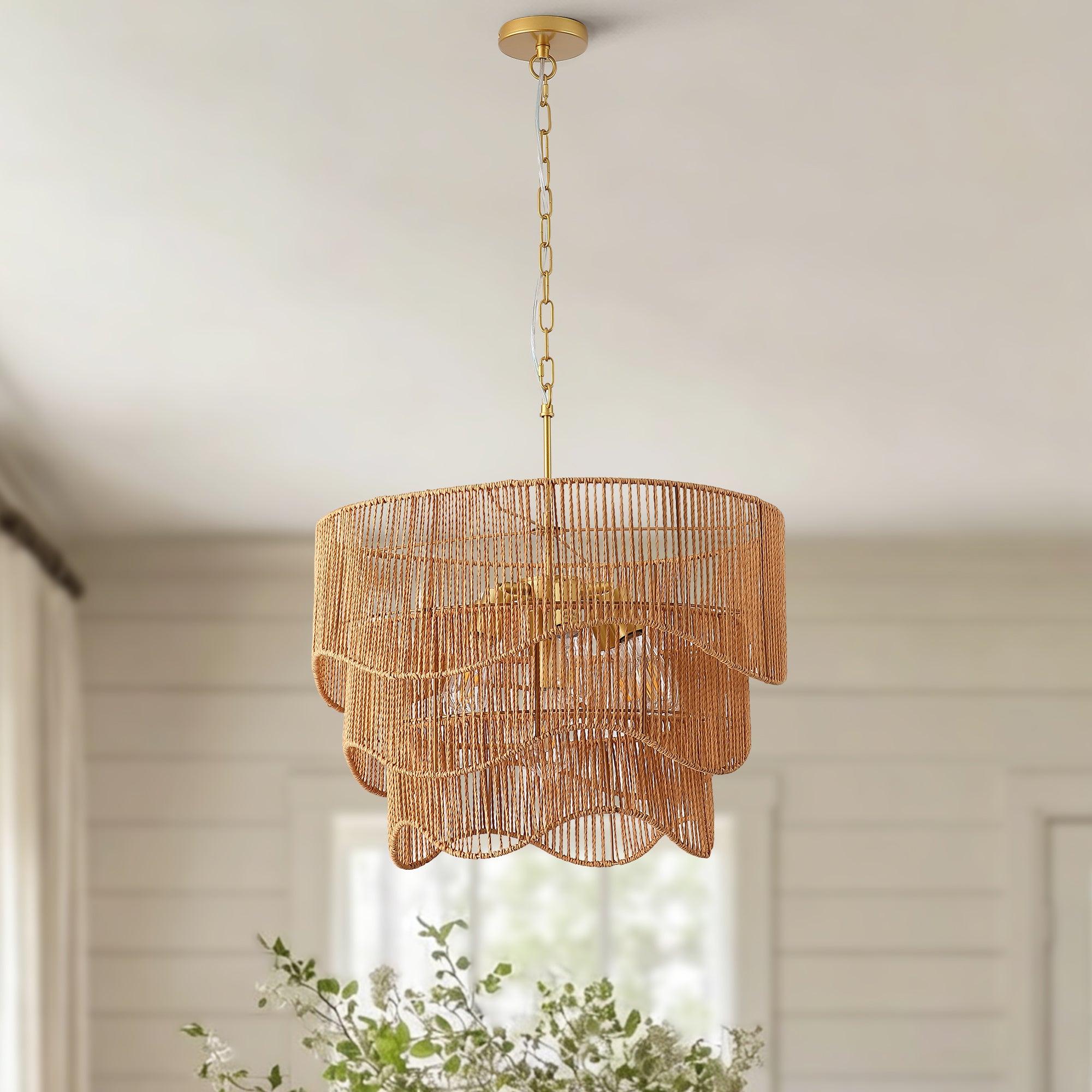 Handwoven Paper Rattan Boho Chandelier with 7-Light E26