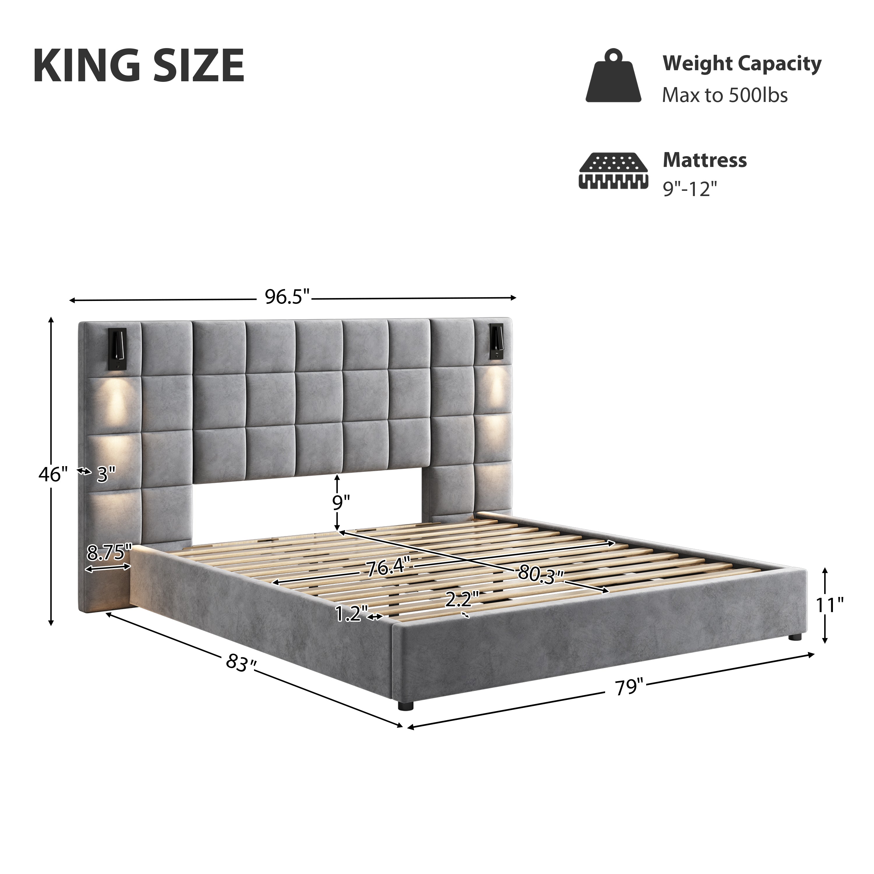 King Size Upholstered Bed Frame Light Fixture