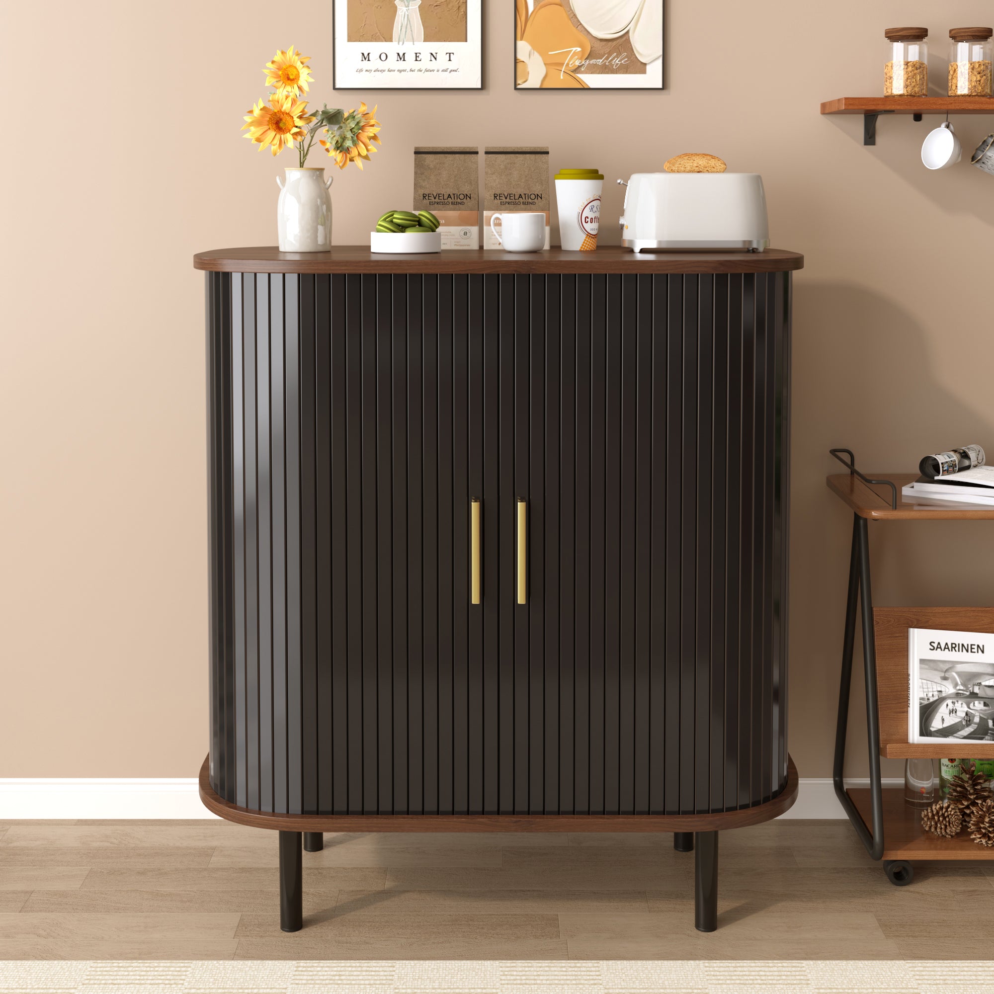 Fluted Wine Bar Cabinet with Tambour Doors & Wine Rack, 28", Black