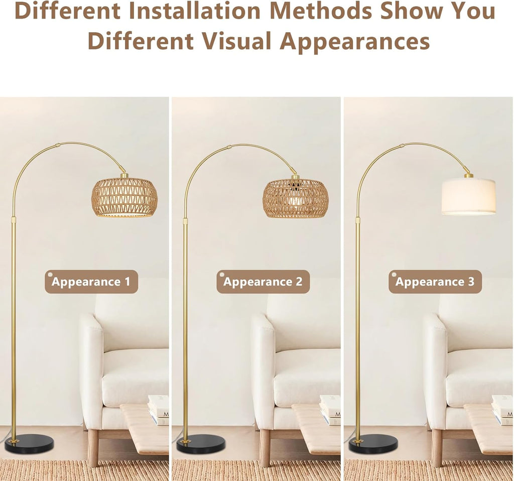 Gold Boho Rattan Arc Floor Lamp