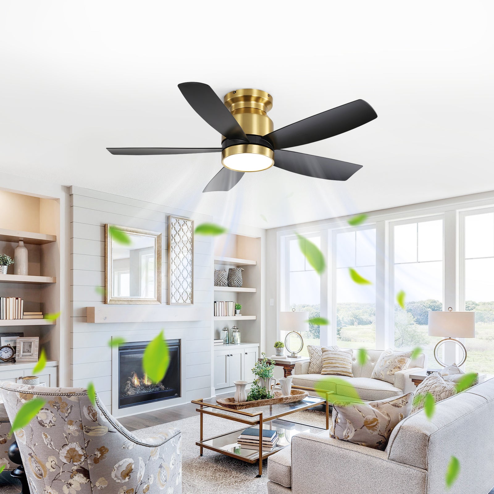 42 Inch Flush Mount Ceiling Fans with LED Light 22W and