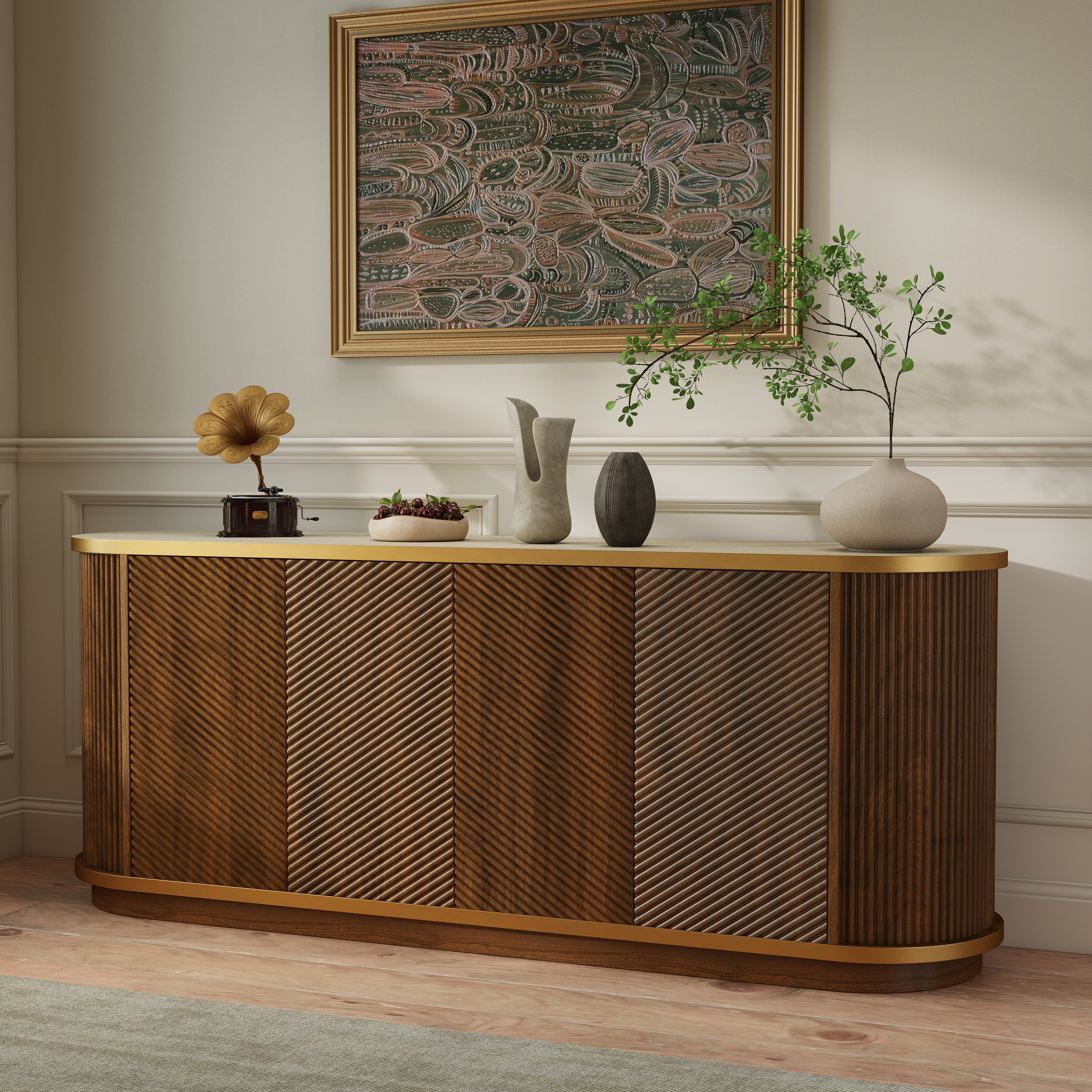 Diagonal Fluted Sideboard, Gold Trim & Faux Marble Top, 63", Walnut