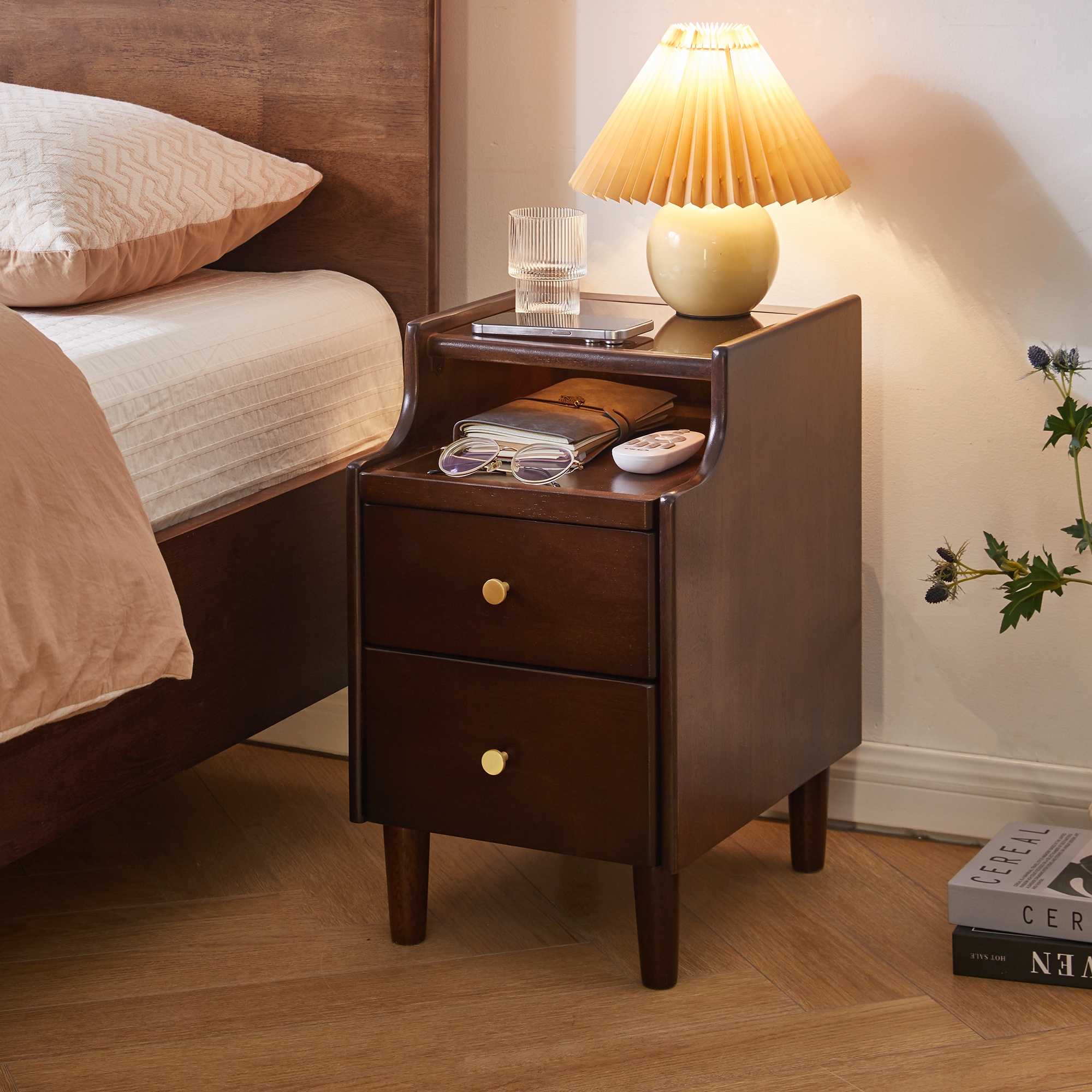 Solid Wood Nightstand with 2 Drawers & Pull-Out Panel