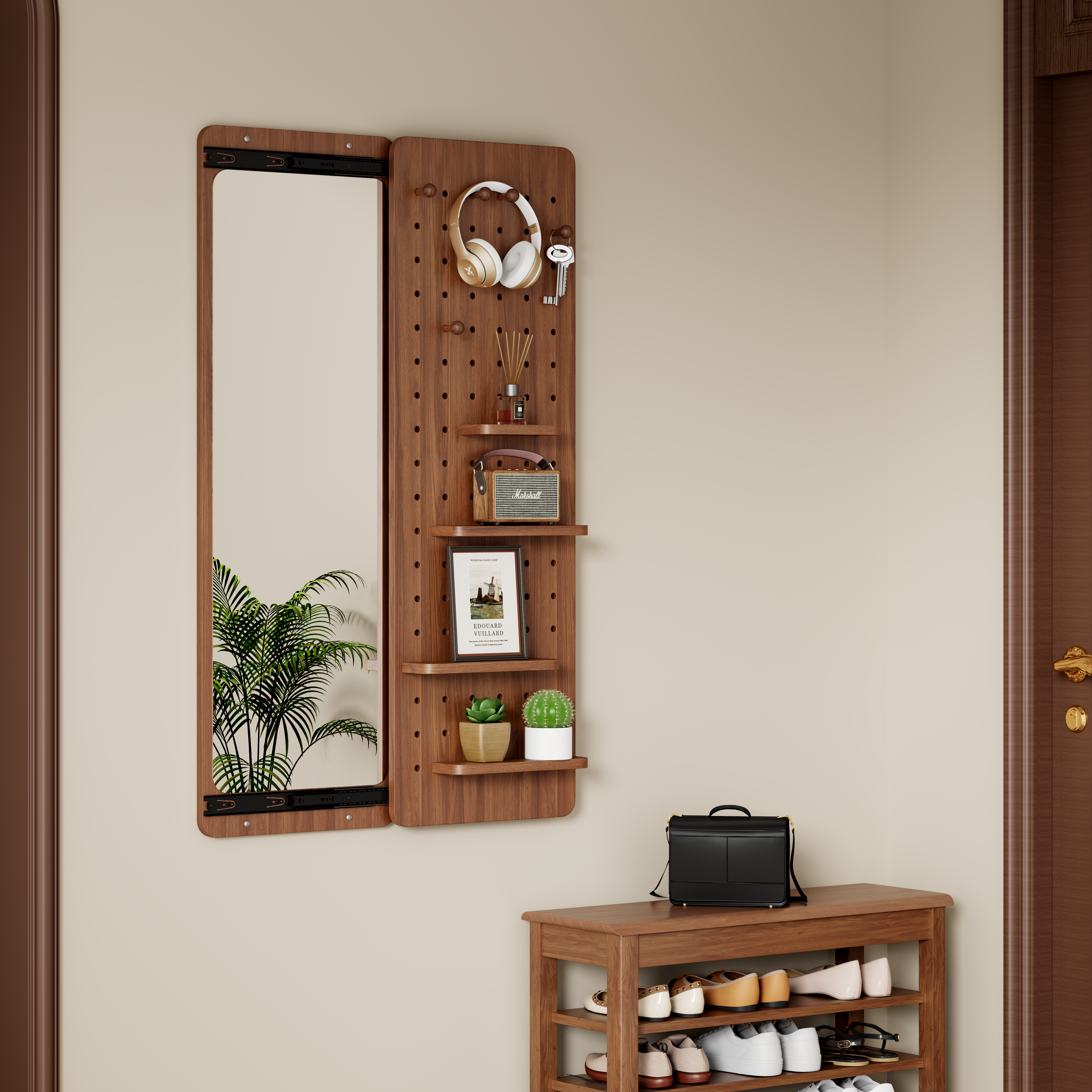 Sloane Sliding-Panel Mirror with Storage, Walnut