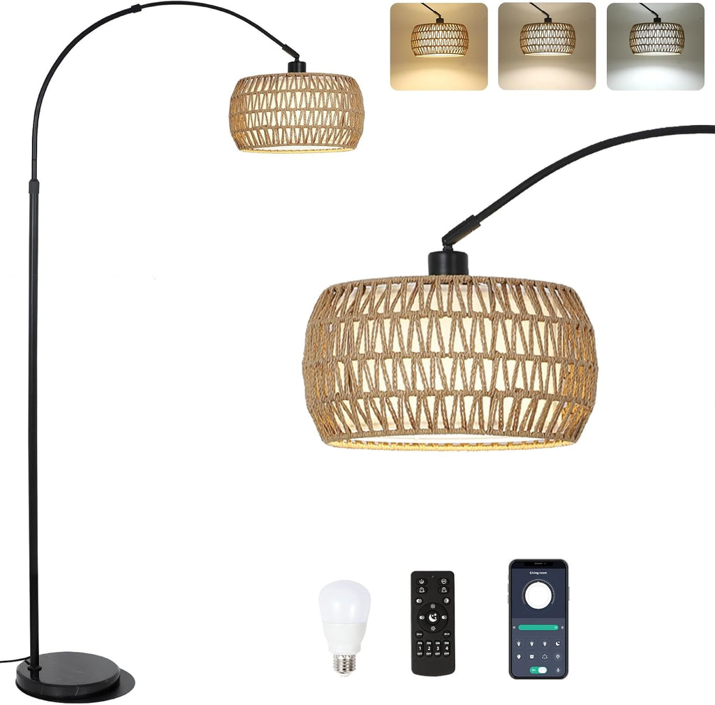 Black Rattan Boho Arc Floor Lamp