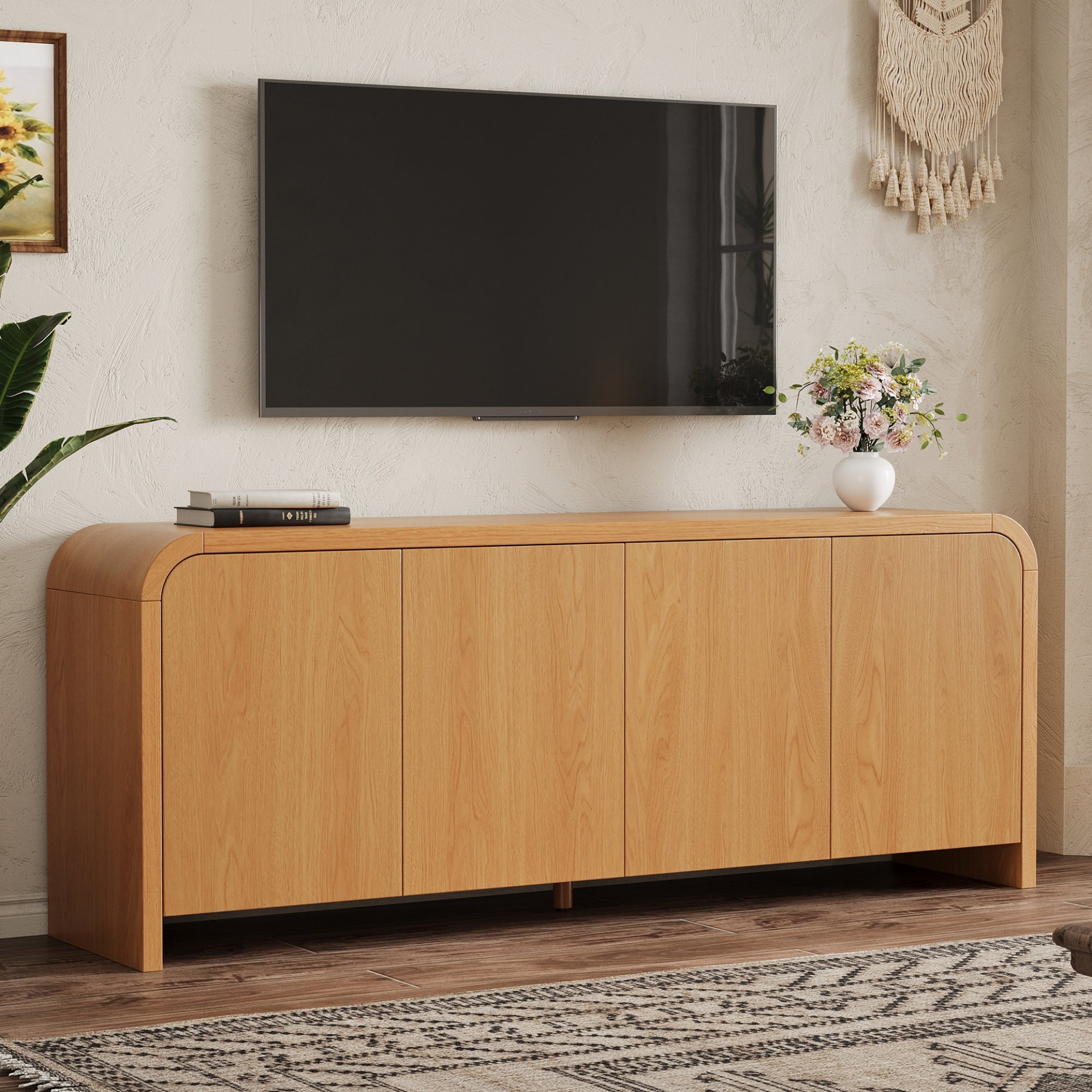 Curved TV Stand for TVs up to 70", Cable Management, Natural