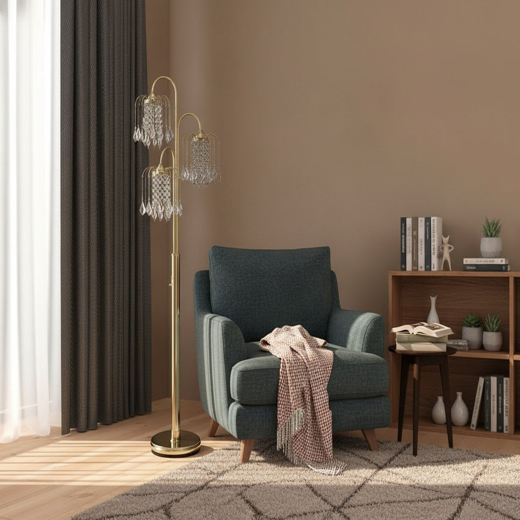 63" Gold Three Lights Candelabra Floor Lamp With Clear Faux Crystal Shades - L2