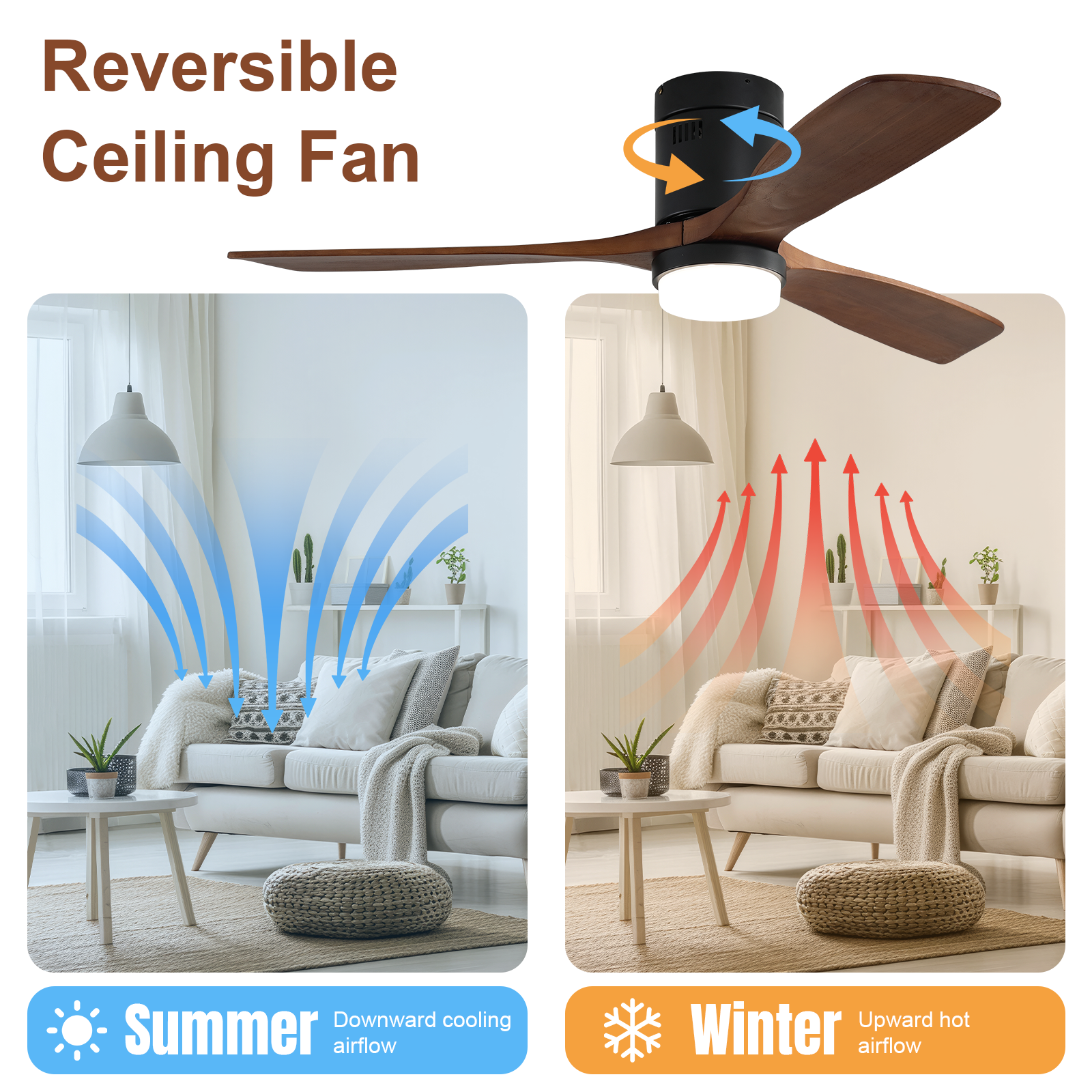 52 Inch Ceiling Fan With Lights 3 Solid Wood Fan Blade