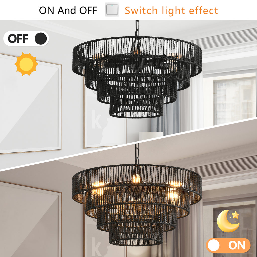 20" Rustic 4-Tier Black Hemp Rope Pendant Light Chandelier