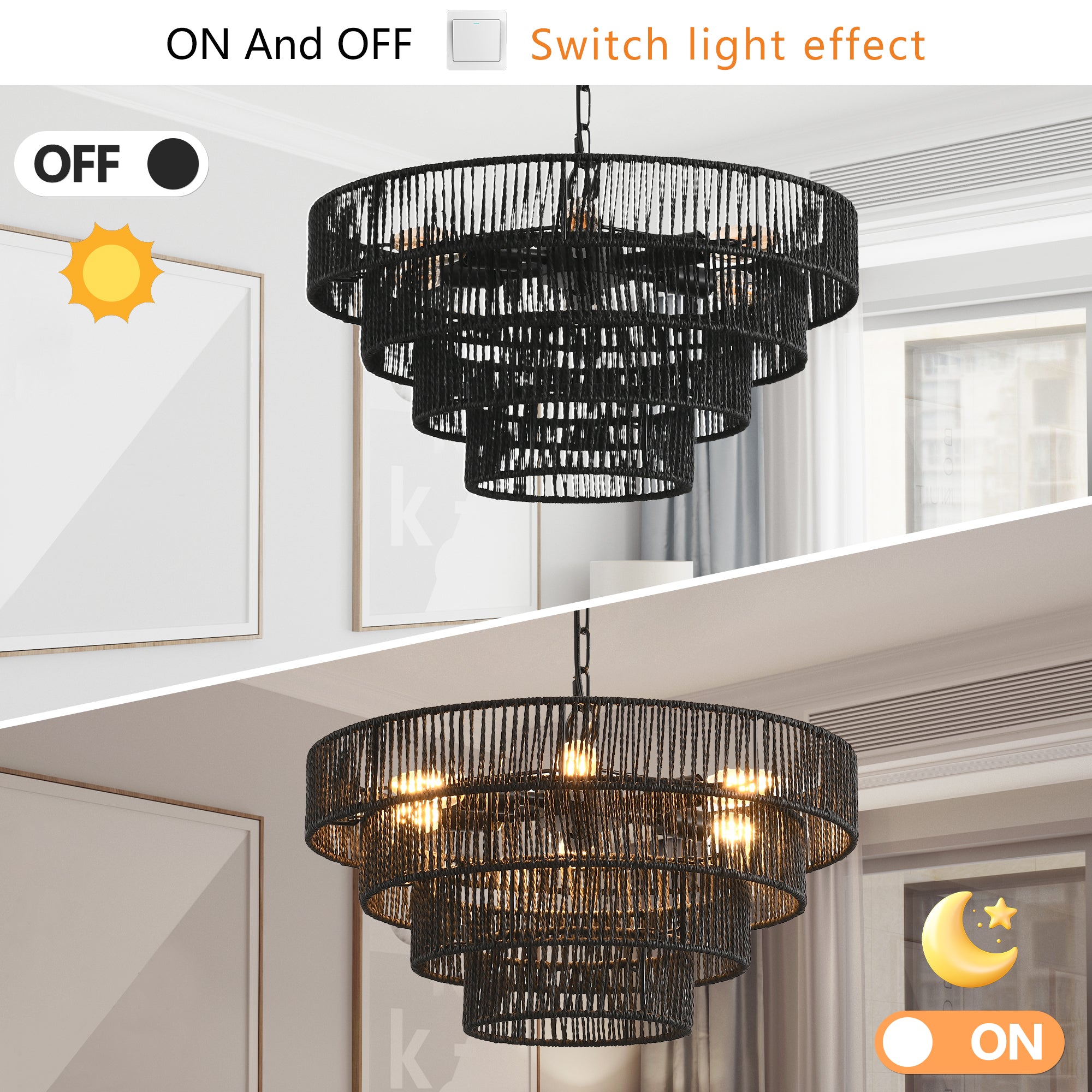 20" Rustic 4-Tier Black Hemp Rope Pendant Light Chandelier