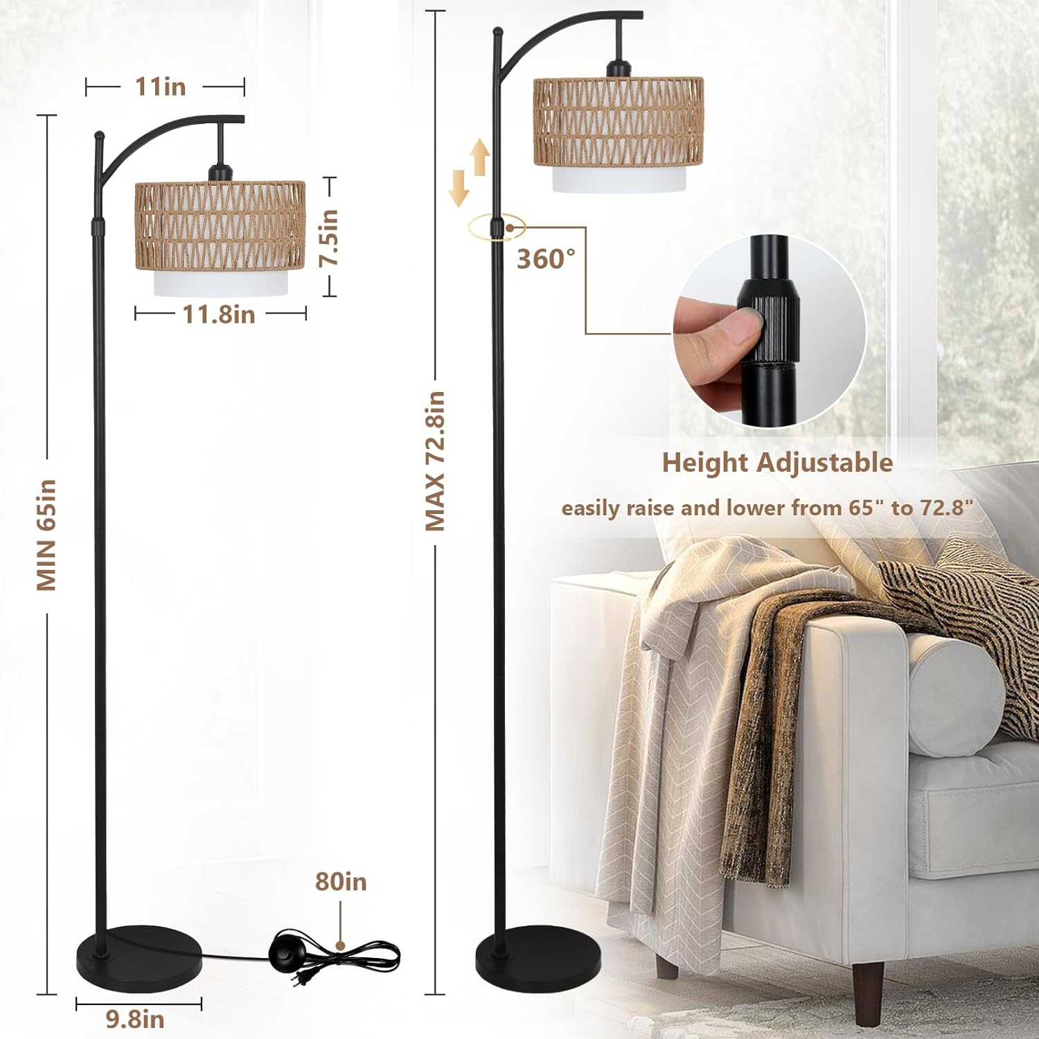 Boho Arc Floor Lamp, Rattan & Fabric Shades