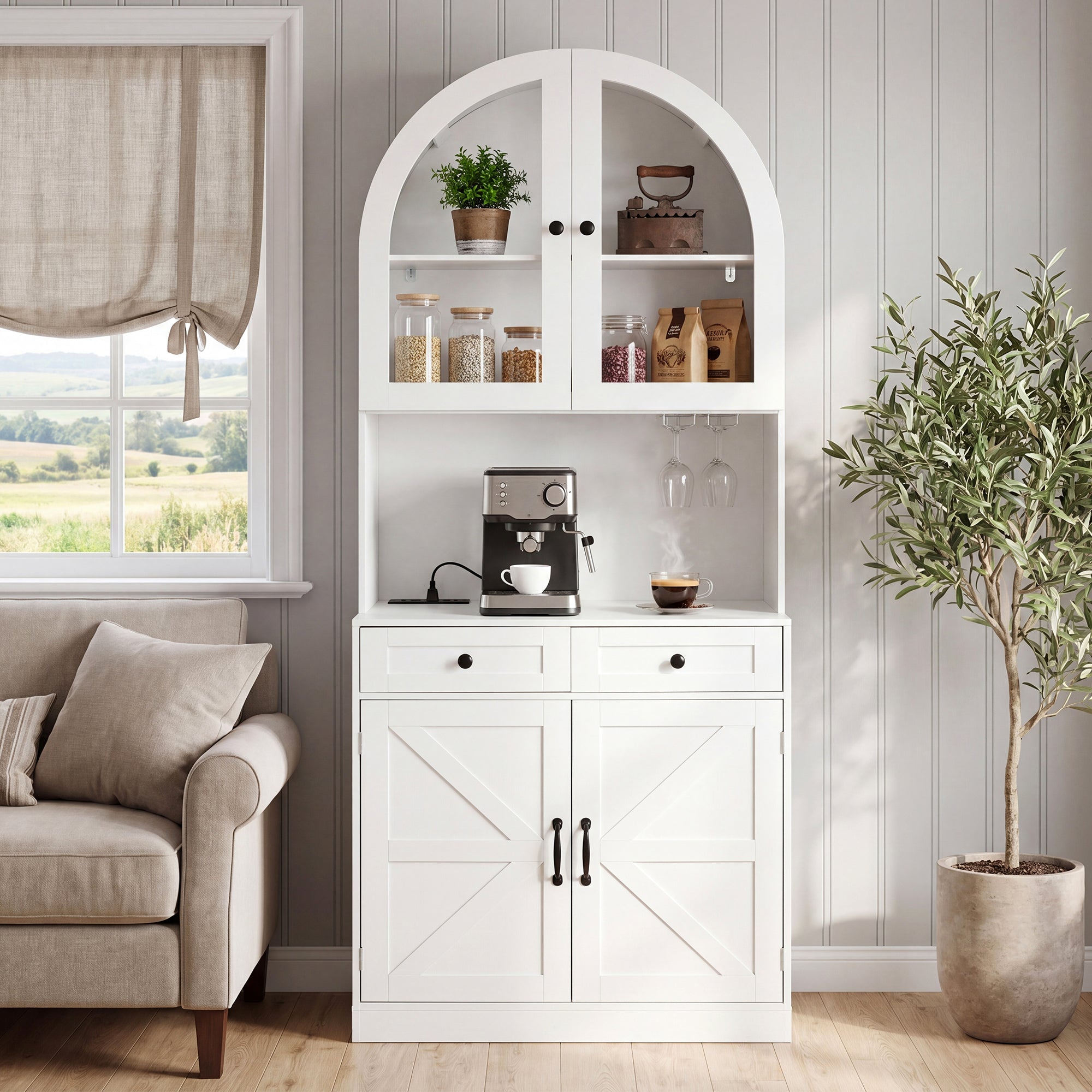 Arched Pantry Cabinet with Coffee Bar & Charging Station, 75", White