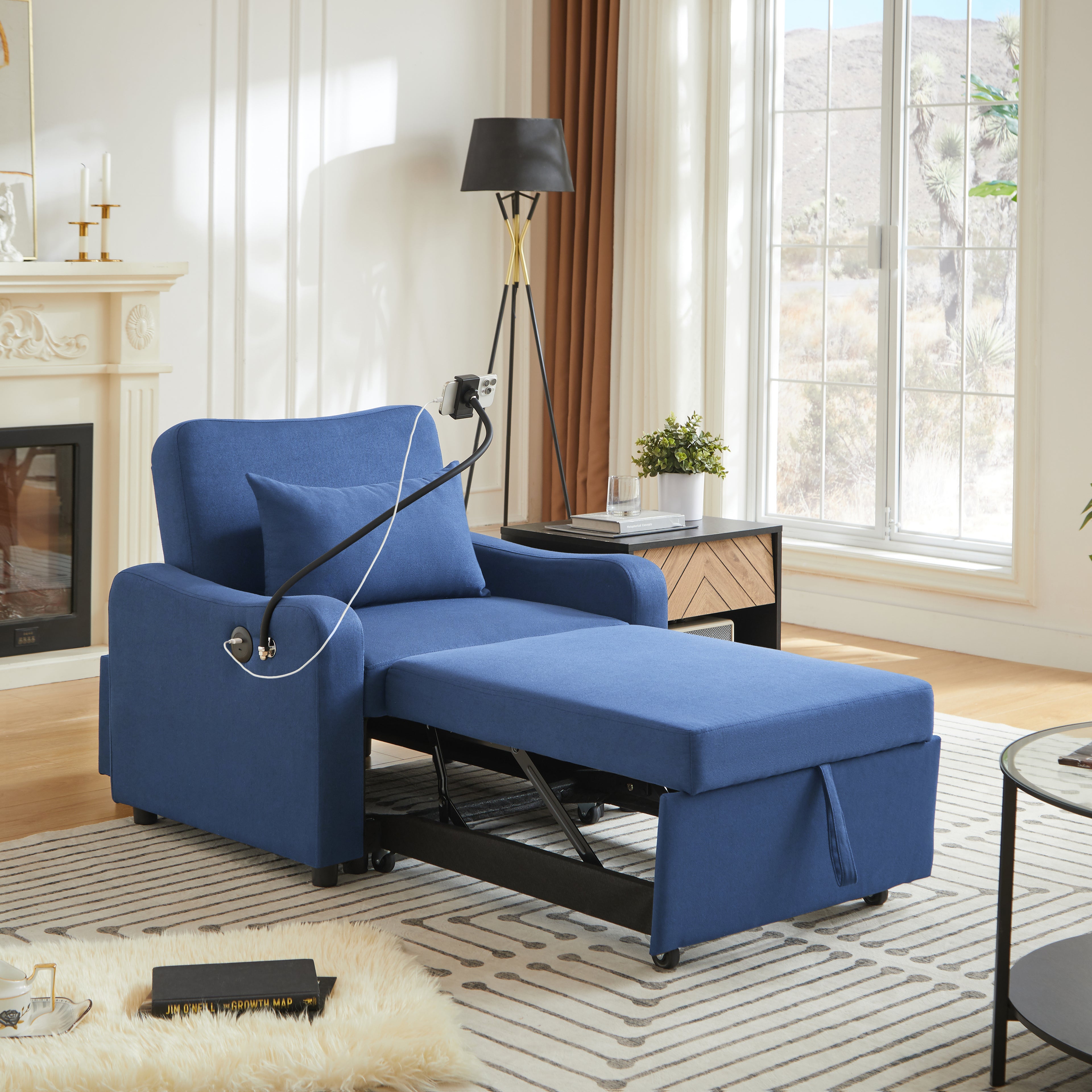 Convertible Sleeper Chair Bed with USB & Phone Holder, Dark Blue