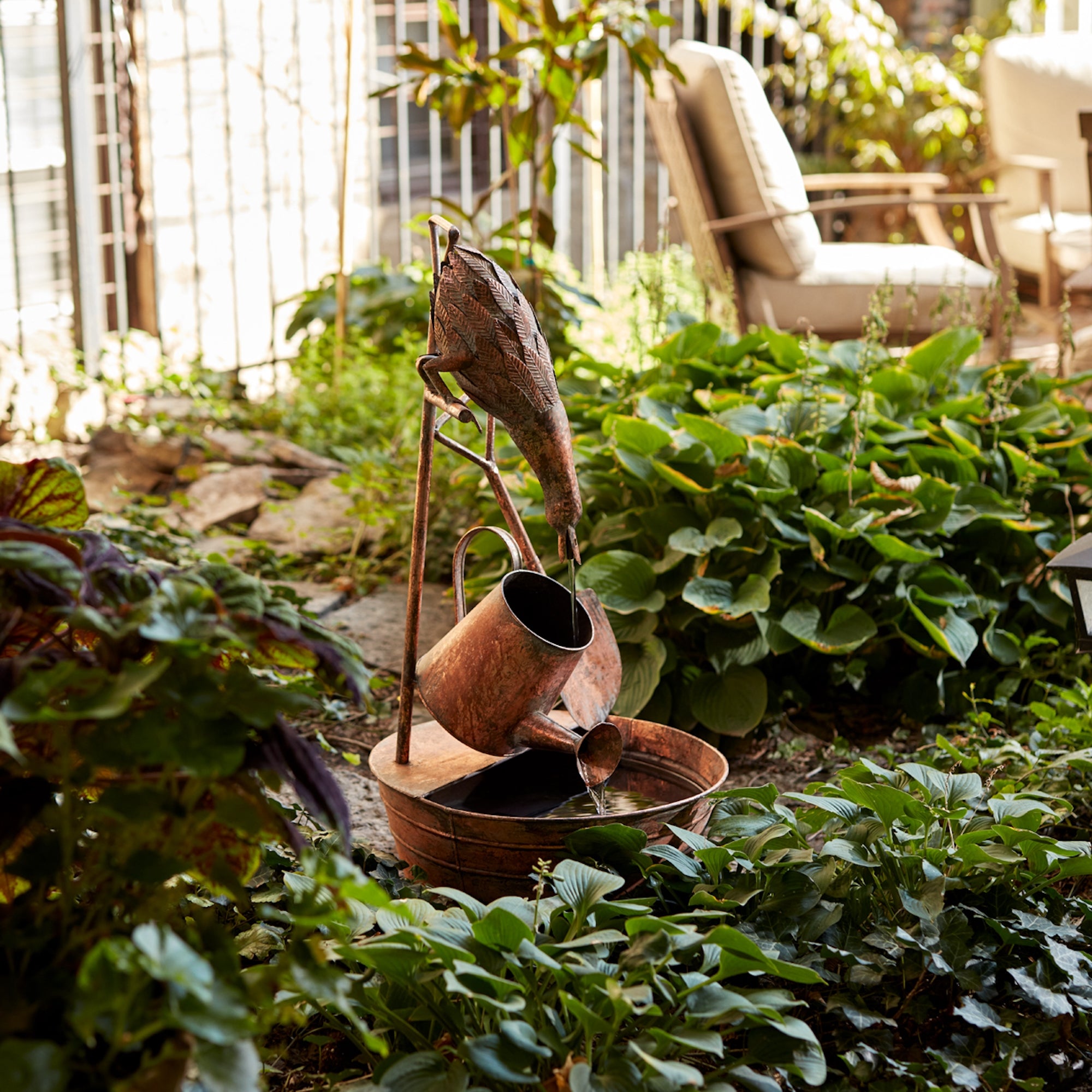 Rustic Metal Fountain with Duck and Watering Can 33"H