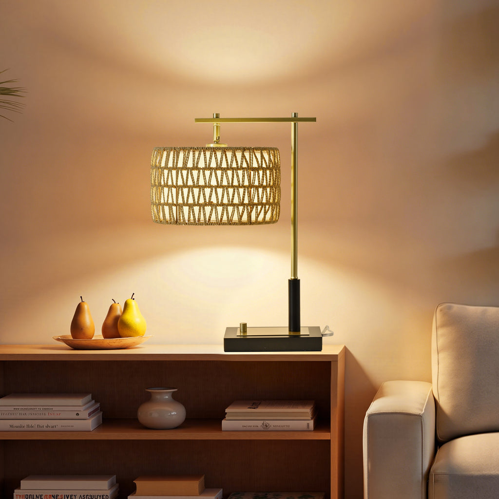 19 Inch Table Lamp Set of 2 with Rope and White Fabric
