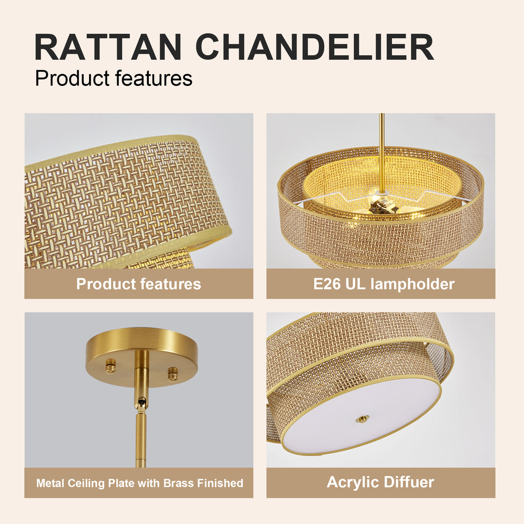 17.7 Inch Woven Rattan Linen Semi Flush Mount Chandelier