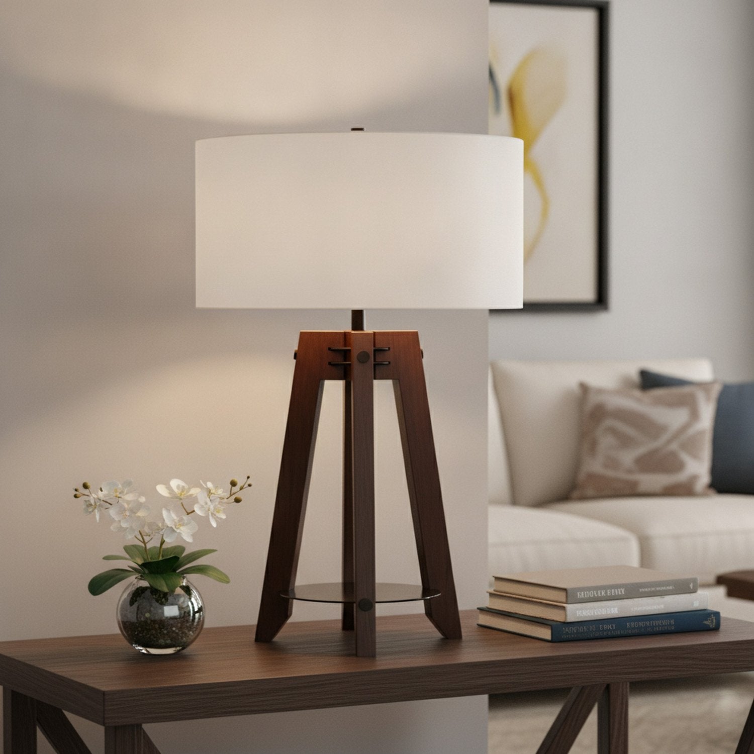 32" Brown Metal Tripod Table Lamp With Off White Drum Shade - L1