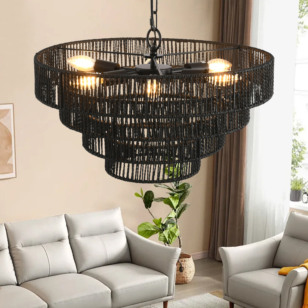 20" Rustic 4-Tier Black Hemp Rope Pendant Light Chandelier