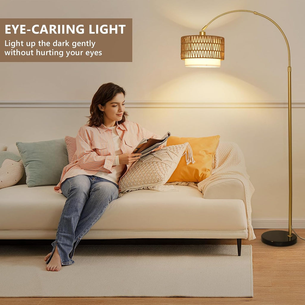 Gold Arc Floor Lamp, Rattan & Linen Shades