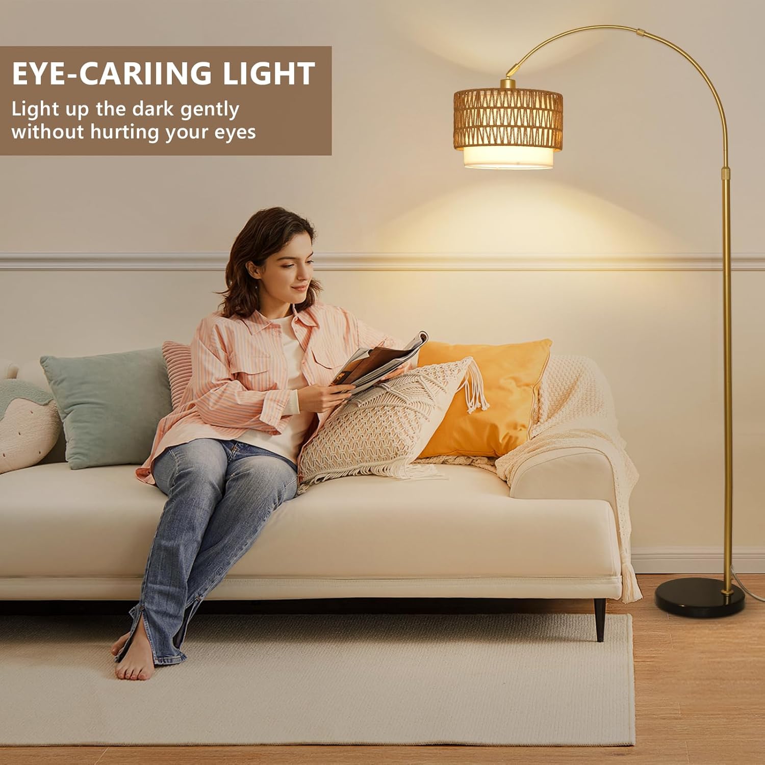 Arc Floor Lamp for bedroom with Rattan & Linen Shades