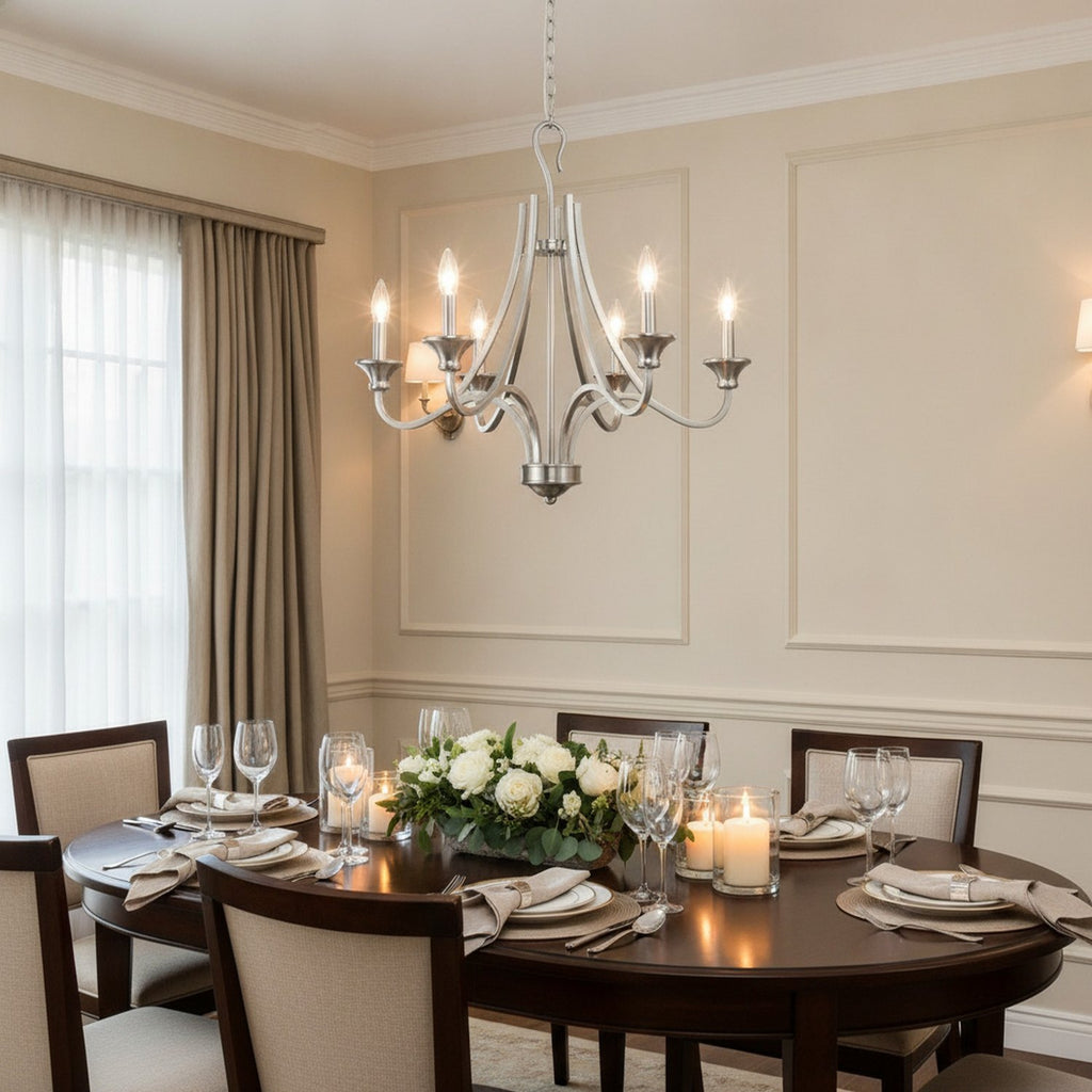 Silver Candle Style Five Light Metal Dimmable Chandelier - L1