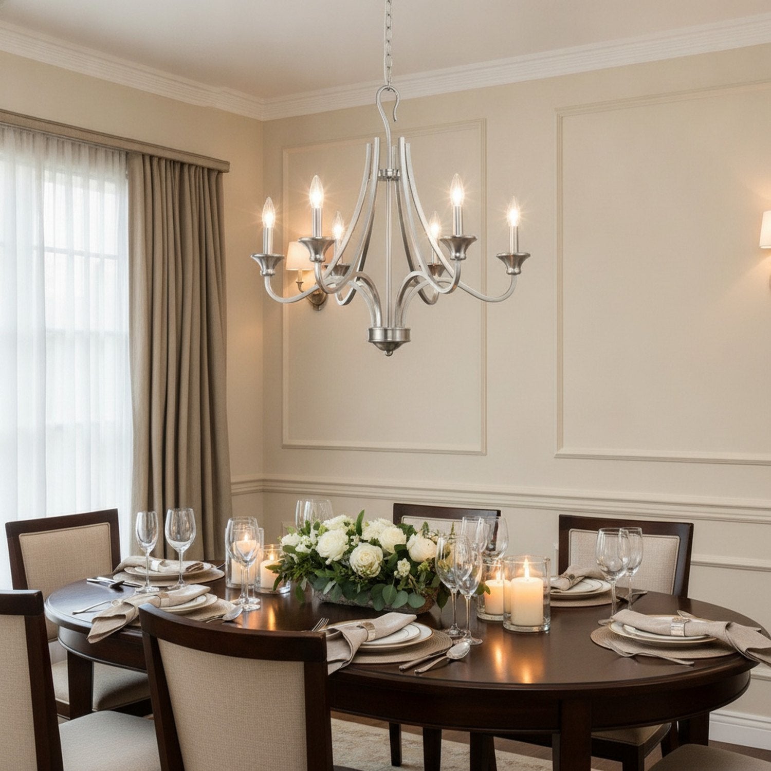 Silver Candle Style Five Light Metal Dimmable Chandelier - L1