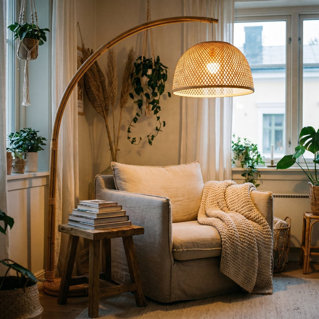 Lampa podłogowa łukowa rattanowa — aranżacja wnętrza
