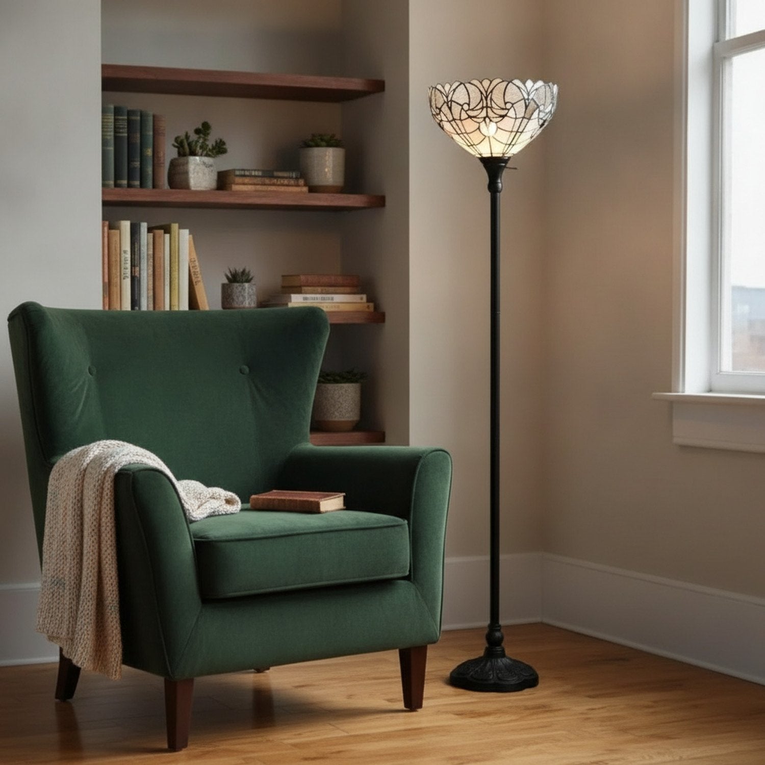 62" Brown Torchiere Floor Lamp With White Tiffany Style Glass Dome Shade - L2